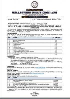 FUHSA Post-UTME 2024: cut-off mark, eligibility and registration details