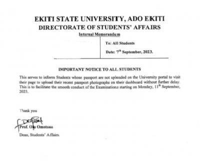 EKSU important notice to students on upload of passport