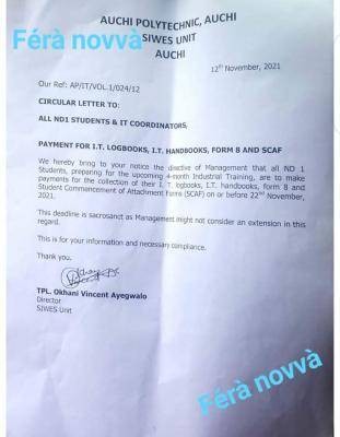 Auchi Poly notice to ND I Students preparing for Industrial Training