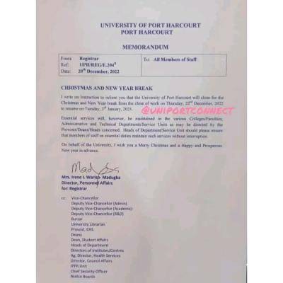 UNIPORT notice on Christmas and new year break