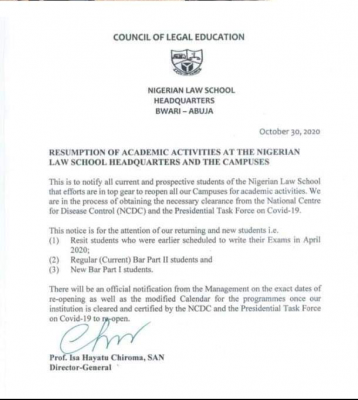 Nigeria Law School notice to students on resumption