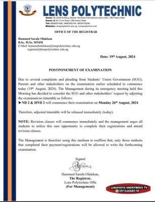 Lens Polytechnic announces postponement of examination for ND2 and HND 2