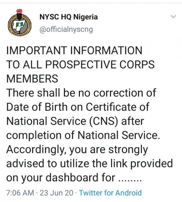 NYSC Issues Stern Warning Against Correction of Date Of Birth