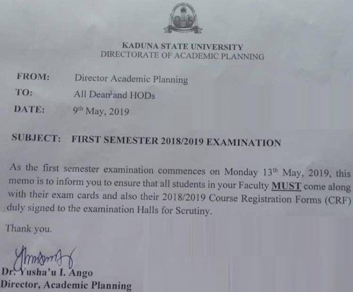 KASU 1st Semester Exam Date and Requirements for 2018/2019 Session