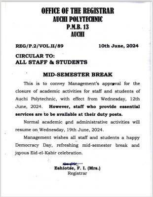 Auchi poly notice on mid-semester break