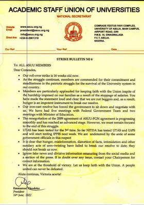 ASUU releases bulletin as strike reaches 16 weeks