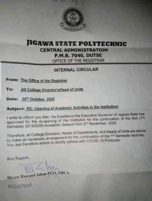 Jigawa Polytechnic announces resumption date