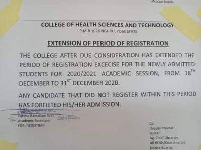 CHST, Nguru extends registration period for newly admitted students, 2020/2021