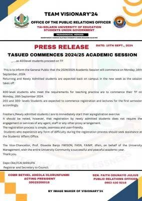 TASUED issues notice on commencement of 2024/2025 academic session