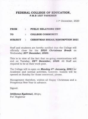 FCE Pankshin notice on Christmas break and resumption