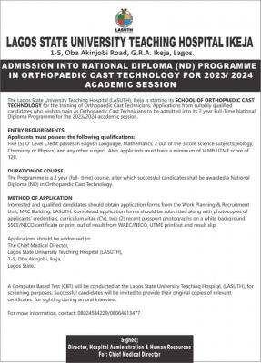 LASUTH ND Orthopedic Cast Technology admission, 2023/2024