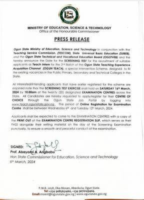 Ogun State TESCOM notice on Screening Test for OgunTeach applicants