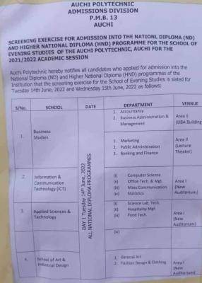 Auchi Poly SPAT screening exercise, 2021/2022