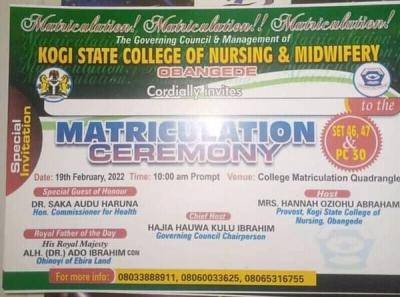 Kogi State College of Nursing & Midwifery announces matriculation ceremony