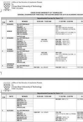 CRUTECH 2019/2020 2nd semester examination timetable