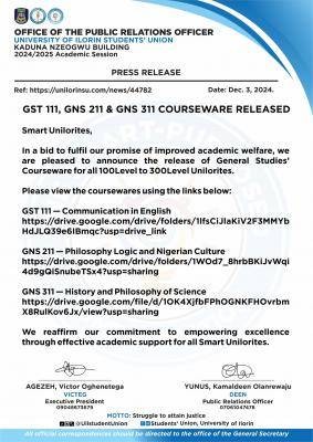 UNIORIN SUG notice on the release of GST 111, GNS 211 & GNS 311 courseware