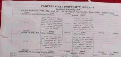 PLASU 2nd semester draft examination timetable, 2020/2021 & 2021/2022