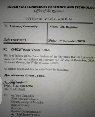 ESUT vacates for Christmas holidays