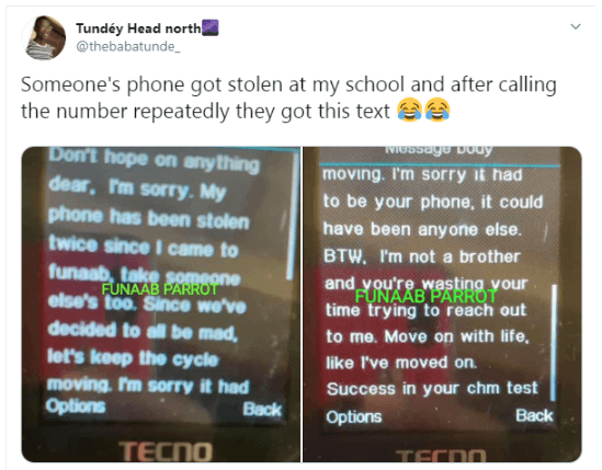 See the Message a FUNAAB Student Received from the Thief who Stole her Phone