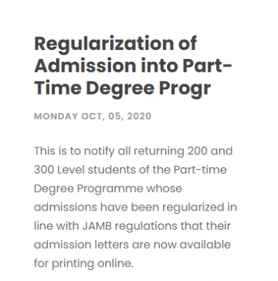 FULAFIA notice to part-time students with JAMB regularized admission