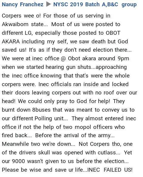 "INEC Officials Abandoned Us to Die" - Corps Member Narrates Her Ordeal