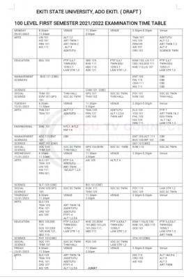 EKSU 100L 1st semester exam time table, 2021/2022