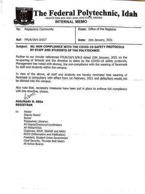 Fed Poly Idah "No face mask, no entry" notice to staff and students