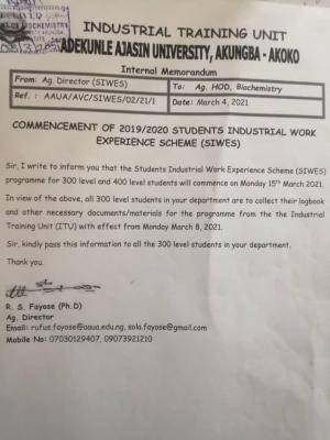 AAUA SIWES commencement date, 2019/2020 session