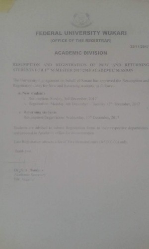 FUWukari Resumption Date For 2017/2018 Academic Session