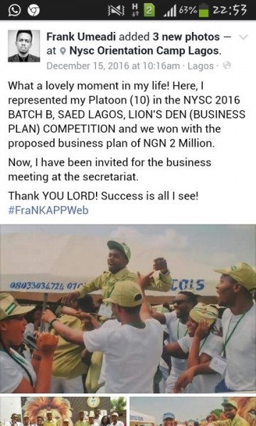 Congratulations To Mr. Frank Umeadi Winner Of N2million NYSC Business Plan Competition