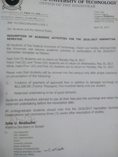 Futo Students To Sign An Undertaking Before Resumption