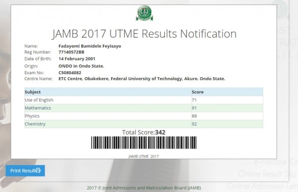 2017 UTME - See The Highest Jamb Score In The Country So Far