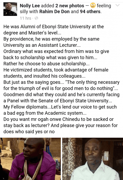 Ebonyi State University Lecturer Accused Of Sexual Victimization, Bribery And Other Illicit Acts