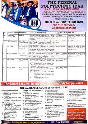 FPI notice of part time/weekend programmes, 2023/2024 academic session