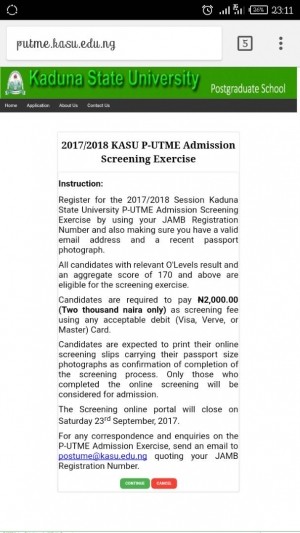 KASU Post-UTME 2017: Screening, Cut-off Mark And Registration Details