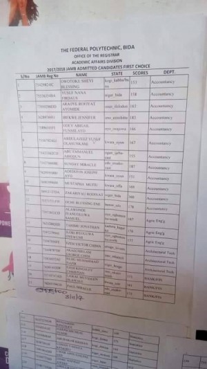 Fed Poly Bida ND Full-time Admission List 2017/2018 Released