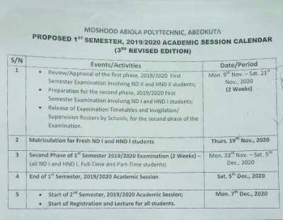 MAPOLY 3rd revised first semester 2019/2020 academic calendar