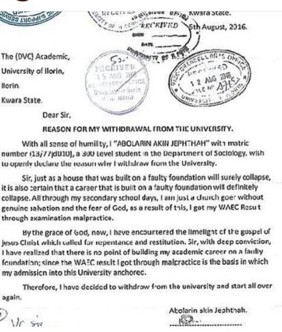 Born-Again Christain Withdraws From UNILORIN Due To SSCE Malpractice