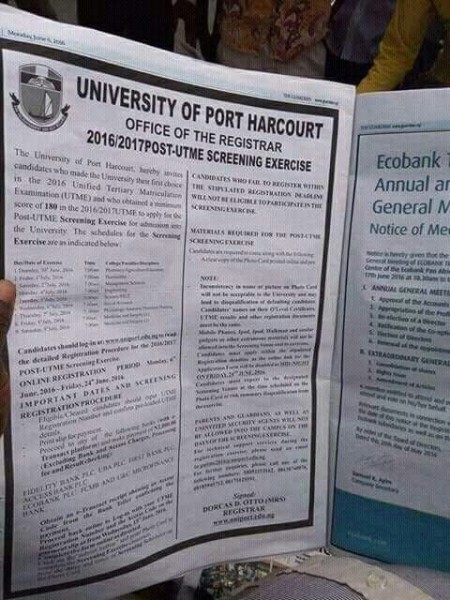 UNIPORT Publishes Commencement Of Post UTME Form Sales On Newspaper