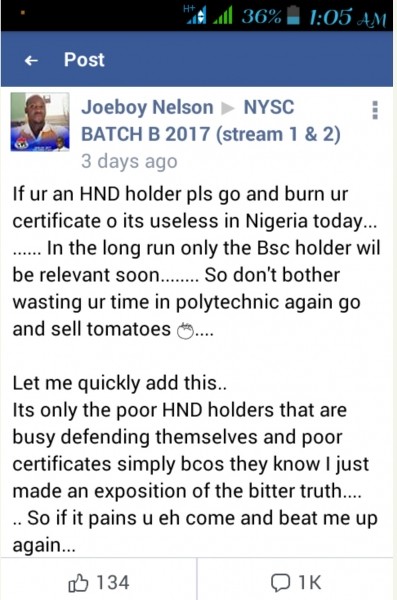 "HND Holders Burn Your Useless Certificates & Start Selling Tomatoes"- Corp Member