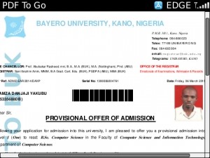 BUK Notice on Admission Letter 2014/2015