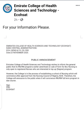 Emirates College of Health Sciences notice on sales of B.Sc. Nursing form