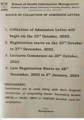 School of Health and Information Management (ATBUTH) notice on collection of admission letter