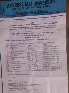 AAU ID Card Distribution Timetable for 100 Level Students