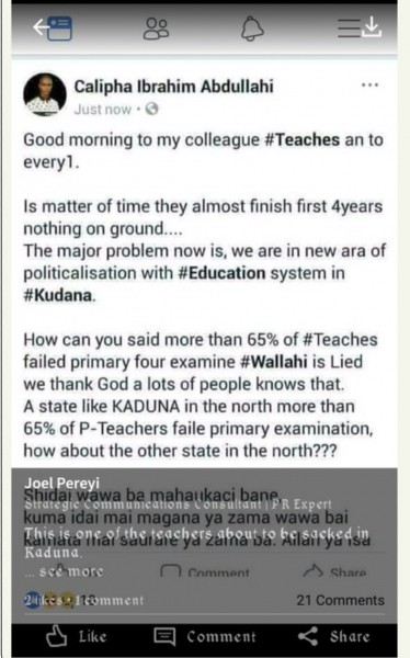 Facebook Post By A Kaduna Teacher Over The Result Released...