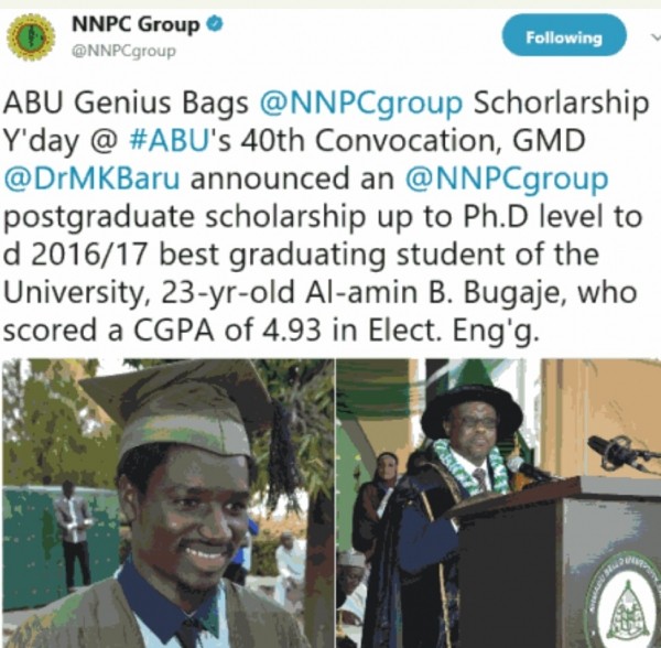 ABU Best Graduating Student Bags NNPC Post Graduate Scholarship