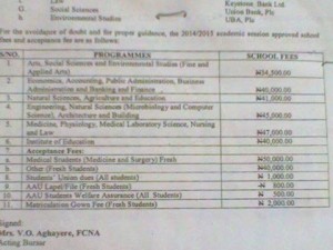 AAU Acceptance Fee and School Fees Schedule 2014/2015