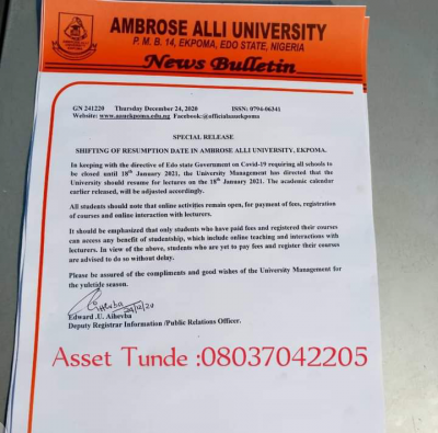 AAU notice on resumption of academic activities