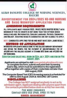 Aliko Dangote College Of Nursing Sciences ND/HND Nursing and Basic Midwifery form, 2024/2025