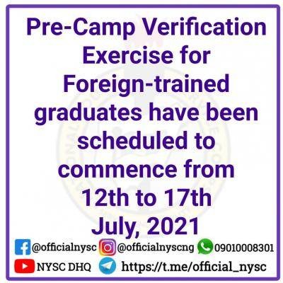 NYSC 2021 Batch 'B' verification schedule for foreign trained graduates